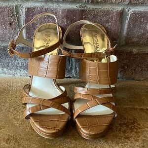 Kenneth Cole Camel reptile leather strappy heeled‎ sandals
